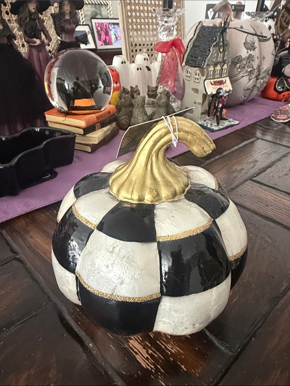 Checkerboard Black/White/Sparkly Gold Decorative Pumpkin with Gold Stem